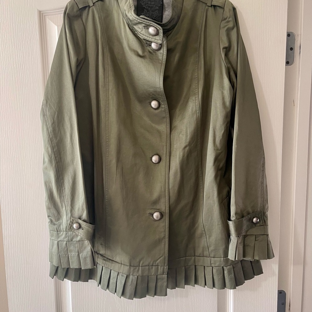 Twelve by Twelve Olive Trench Coat with Pleated Sleeves and Hem